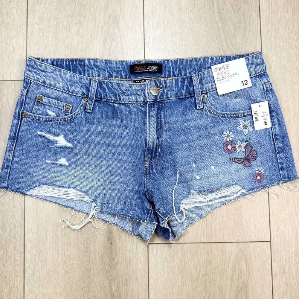 Y2K Coca-Cola‎ Aero Womens Denim Shorts Size 12 Low Rise Butterfly Floral Cutoff